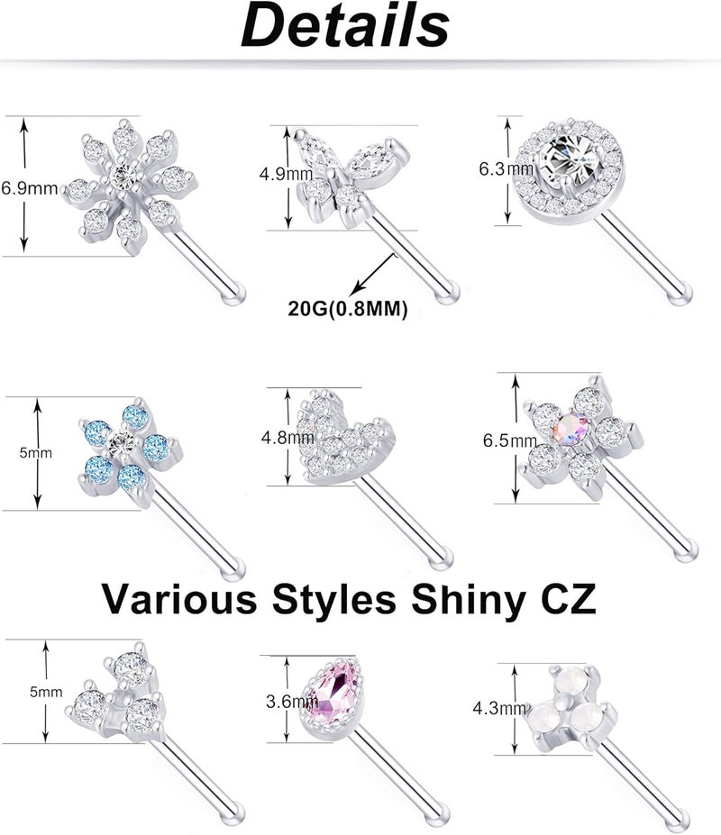 Tornito 9Pcs Nose Rings Stud L Bone Screw Shaped Nose Ring Flower CZ Snowflake Butterfly Screw Nose Stud Body Piercing Jewelry for Women Men 20G Silver Gold Rose Gold Tone - Image 4